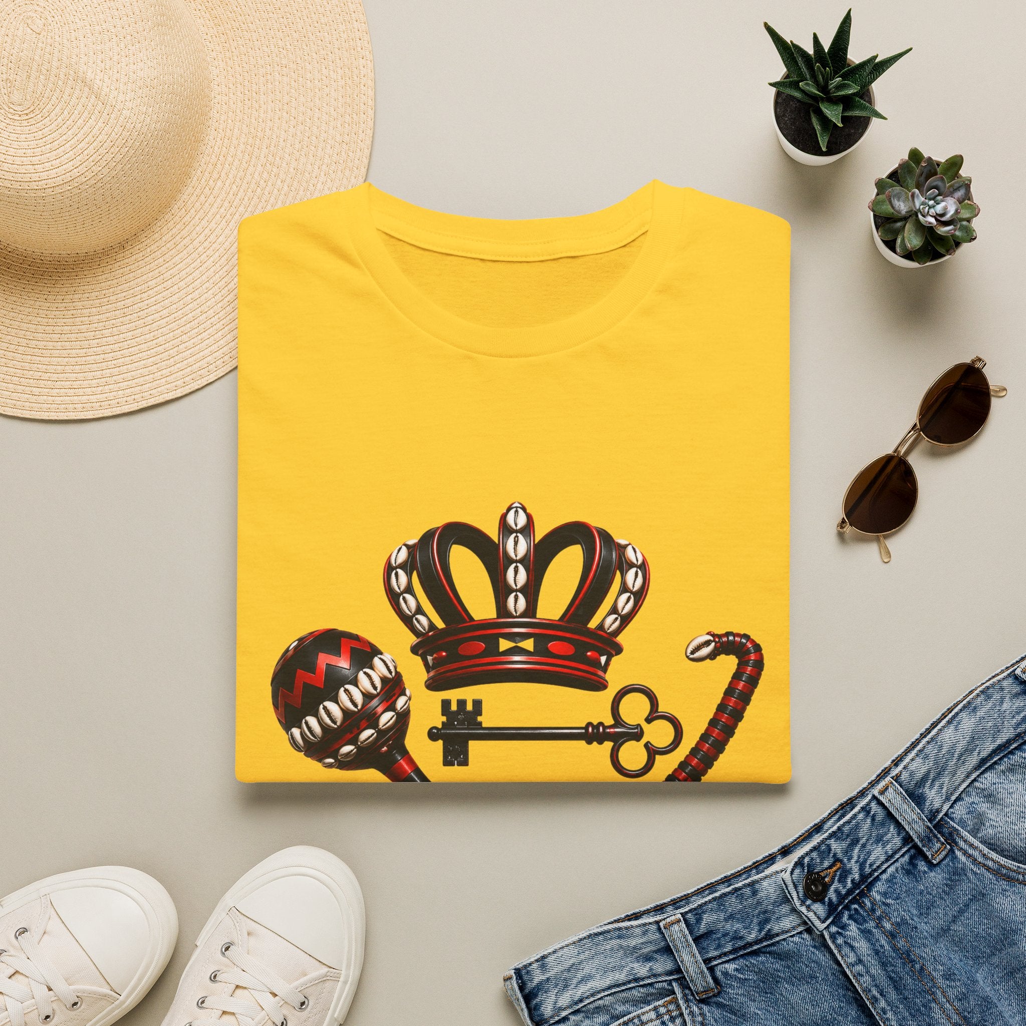 Eshu Eleggua Crown, Maraca & Key T-Shirt | Afro-Caribbean Orisha Design