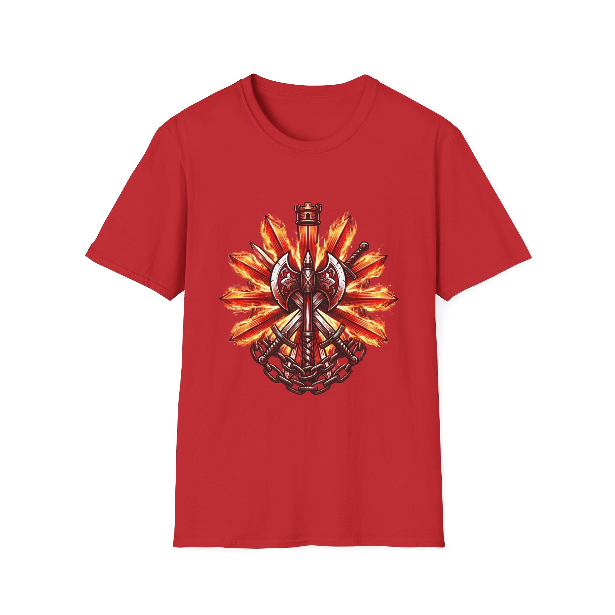 Viking Shield & Axe T-Shirt — Flaming Norse Warrior Emblem Tee