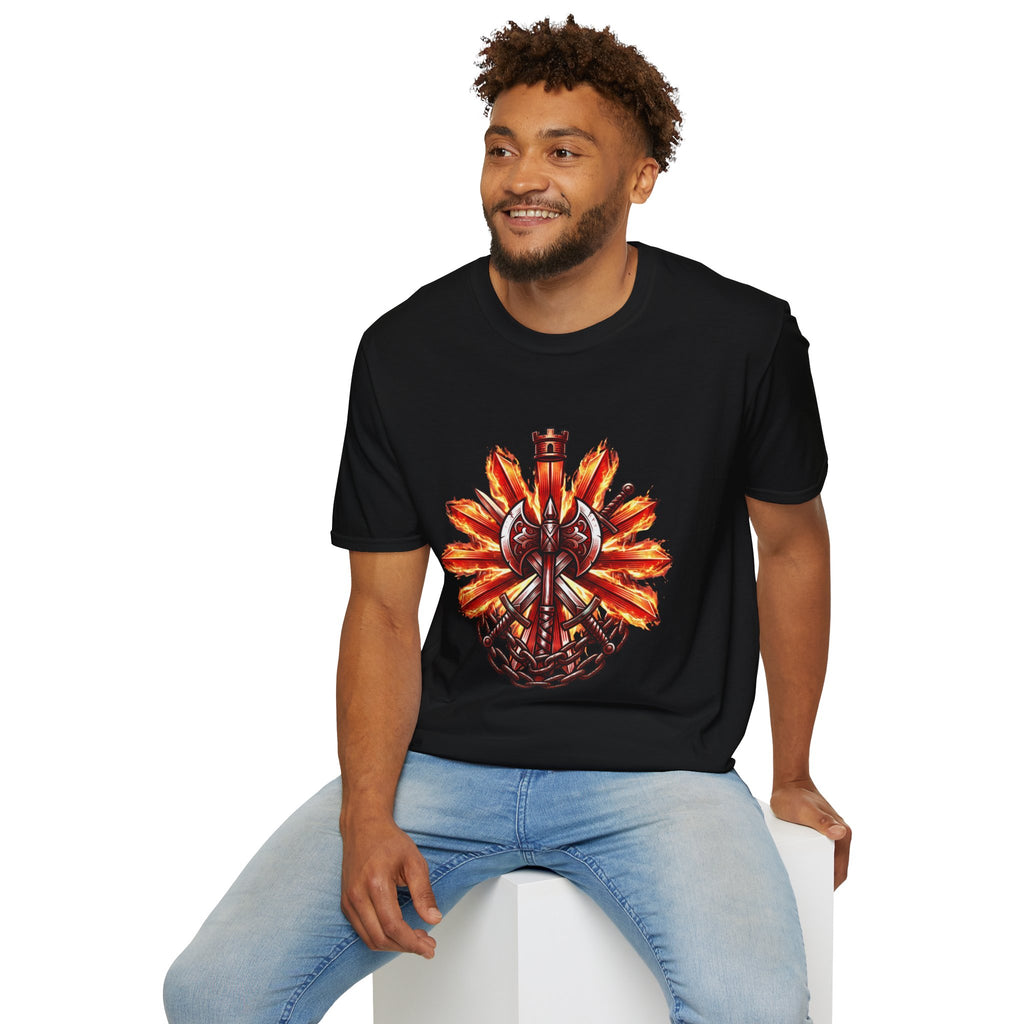 Viking Shield & Axe T-Shirt — Flaming Norse Warrior Emblem Tee