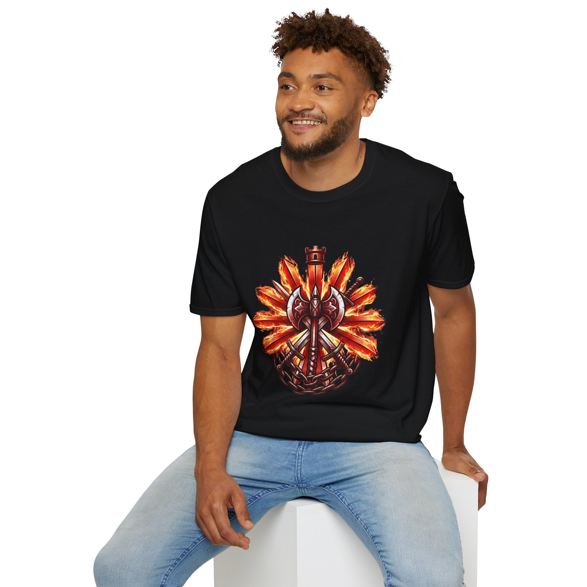 Viking Shield & Axe T-Shirt — Flaming Norse Warrior Emblem Tee