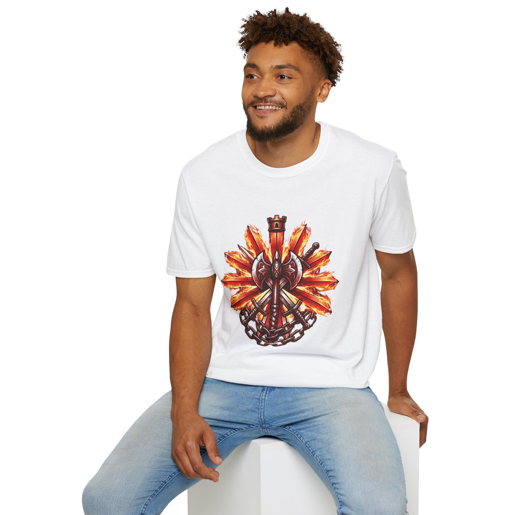 Viking Shield & Axe T-Shirt — Flaming Norse Warrior Emblem Tee