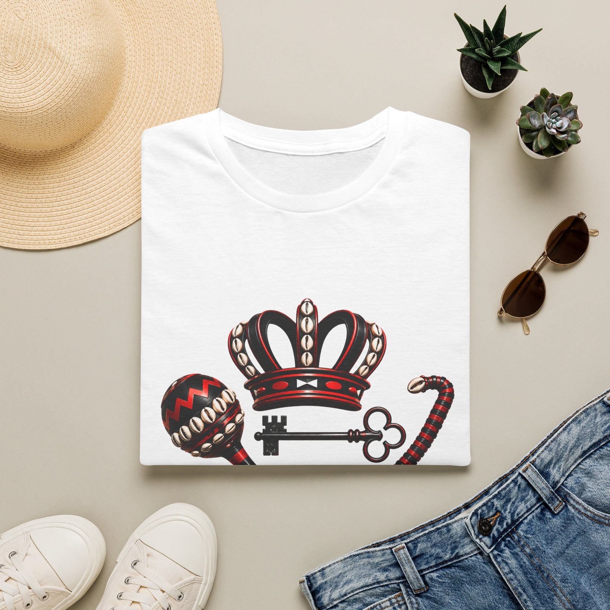 Eshu Eleggua Crown, Maraca & Key T-Shirt | Afro-Caribbean Orisha Design