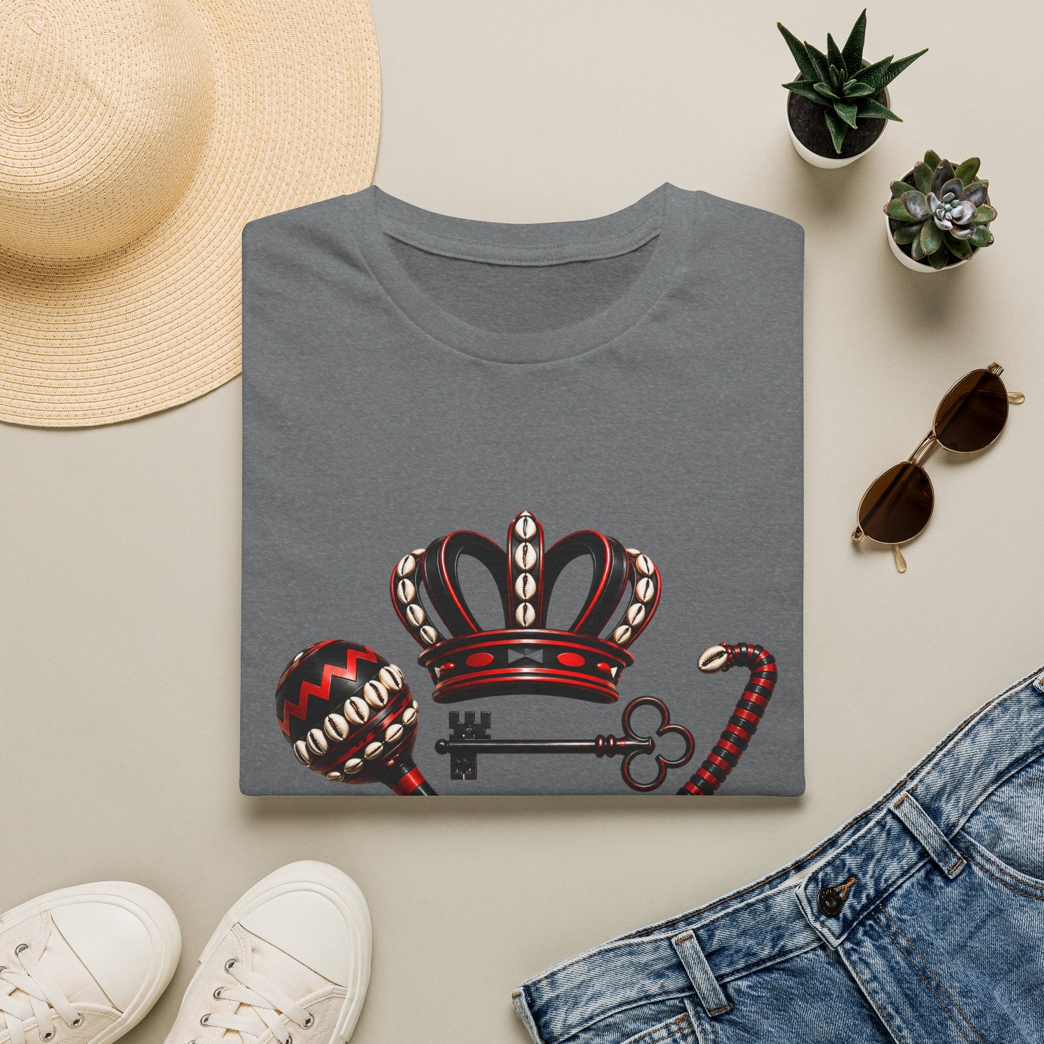 Eshu Eleggua Crown, Maraca & Key T-Shirt | Afro-Caribbean Orisha Design