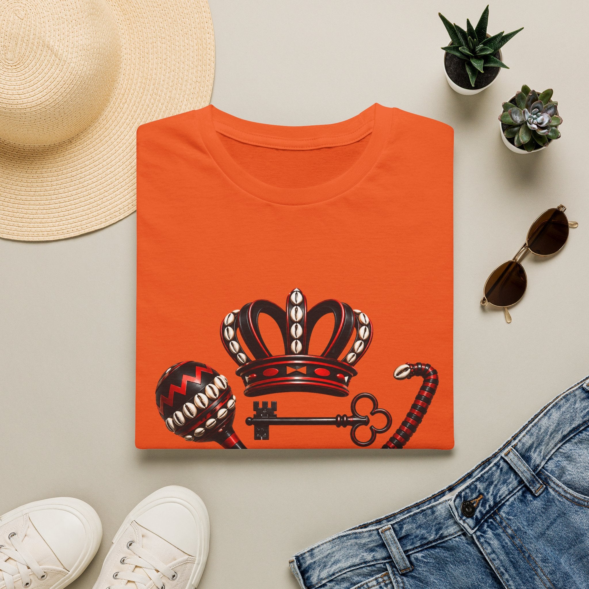 Eshu Eleggua Crown, Maraca & Key T-Shirt | Afro-Caribbean Orisha Design