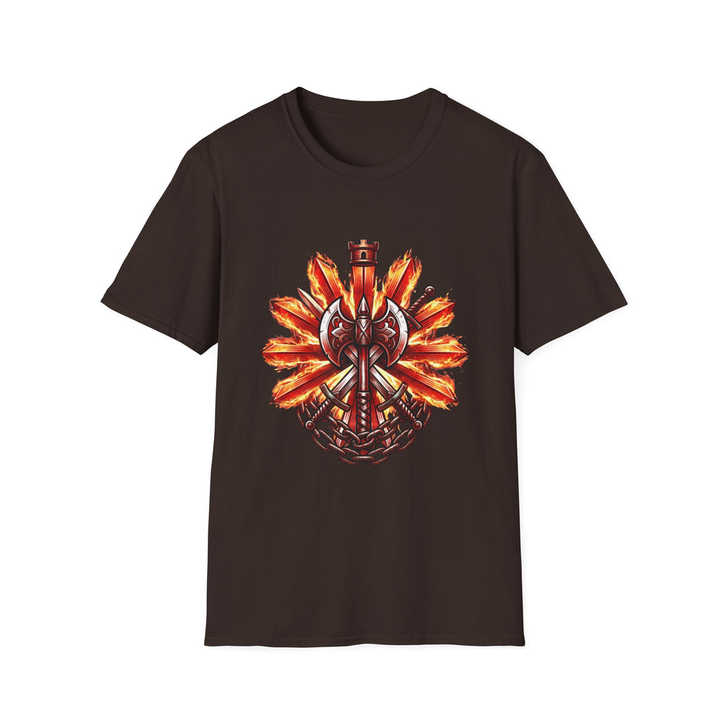 Viking Shield & Axe T-Shirt — Flaming Norse Warrior Emblem Tee