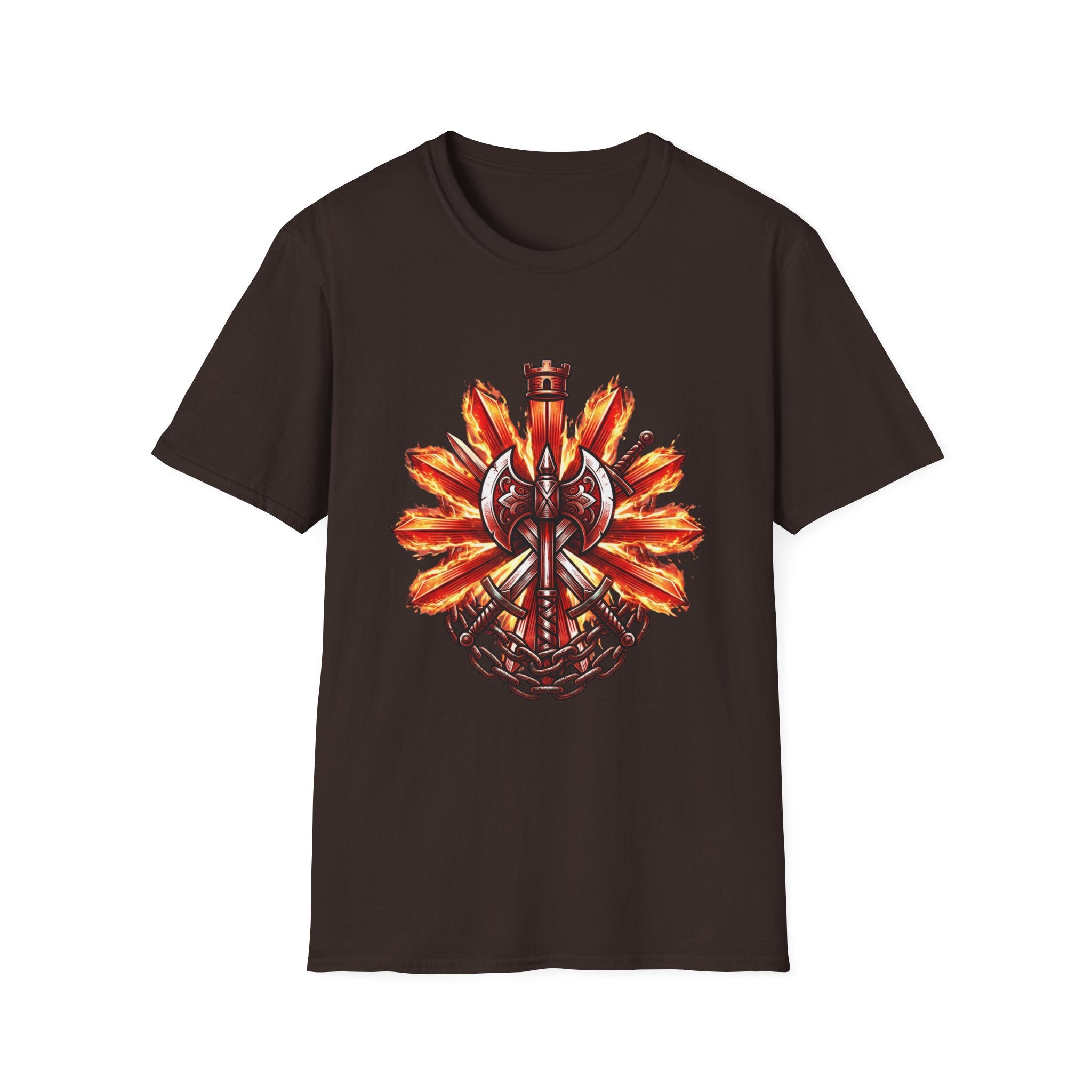 Viking Shield & Axe T-Shirt — Flaming Norse Warrior Emblem Tee