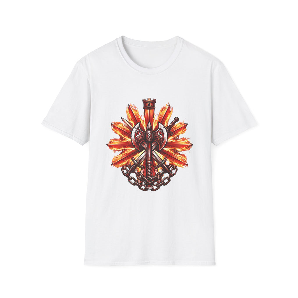 Viking Shield & Axe T-Shirt — Flaming Norse Warrior Emblem Tee