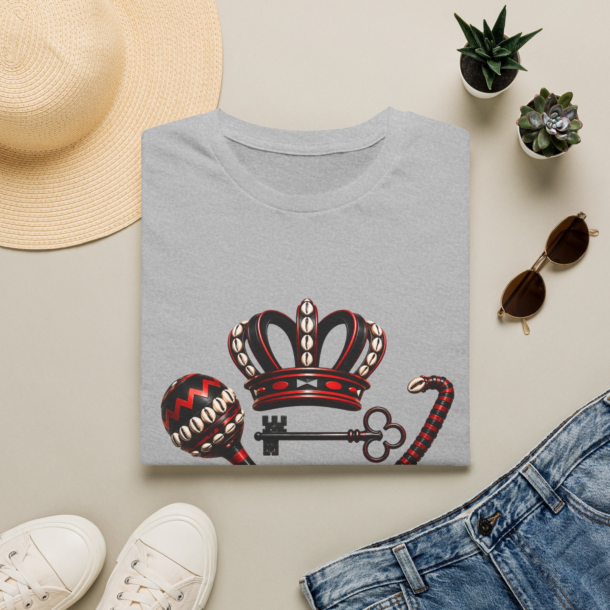 Eshu Eleggua Crown, Maraca & Key T-Shirt | Afro-Caribbean Orisha Design