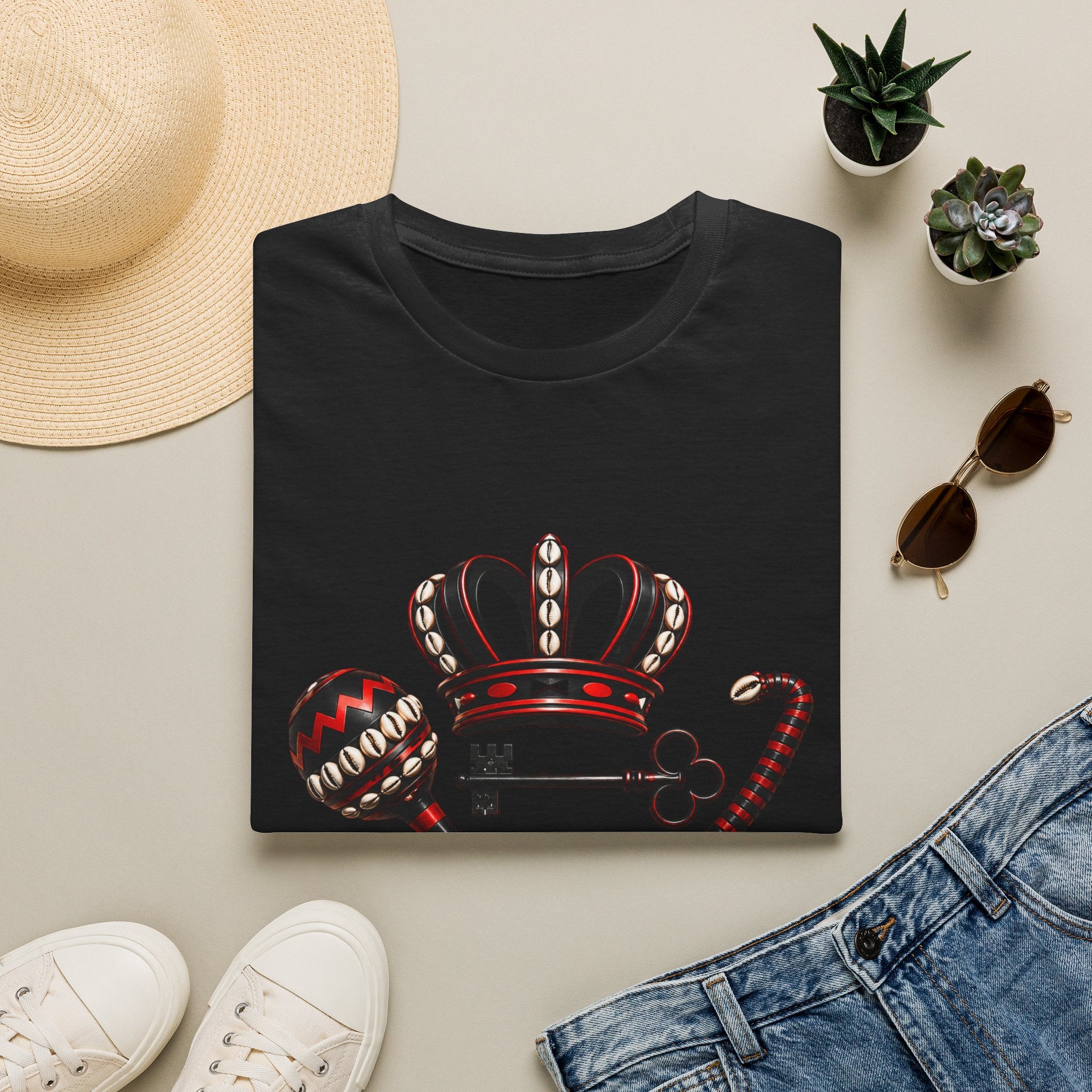 Eshu Eleggua Crown, Maraca & Key T-Shirt | Afro-Caribbean Orisha Design