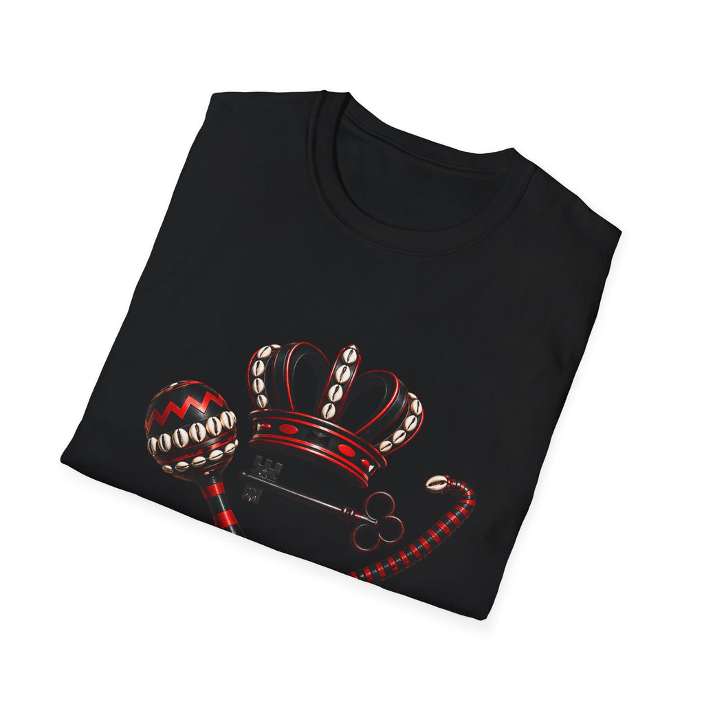 Eshu Eleggua Crown, Maraca & Key T-Shirt | Afro-Caribbean Orisha Design