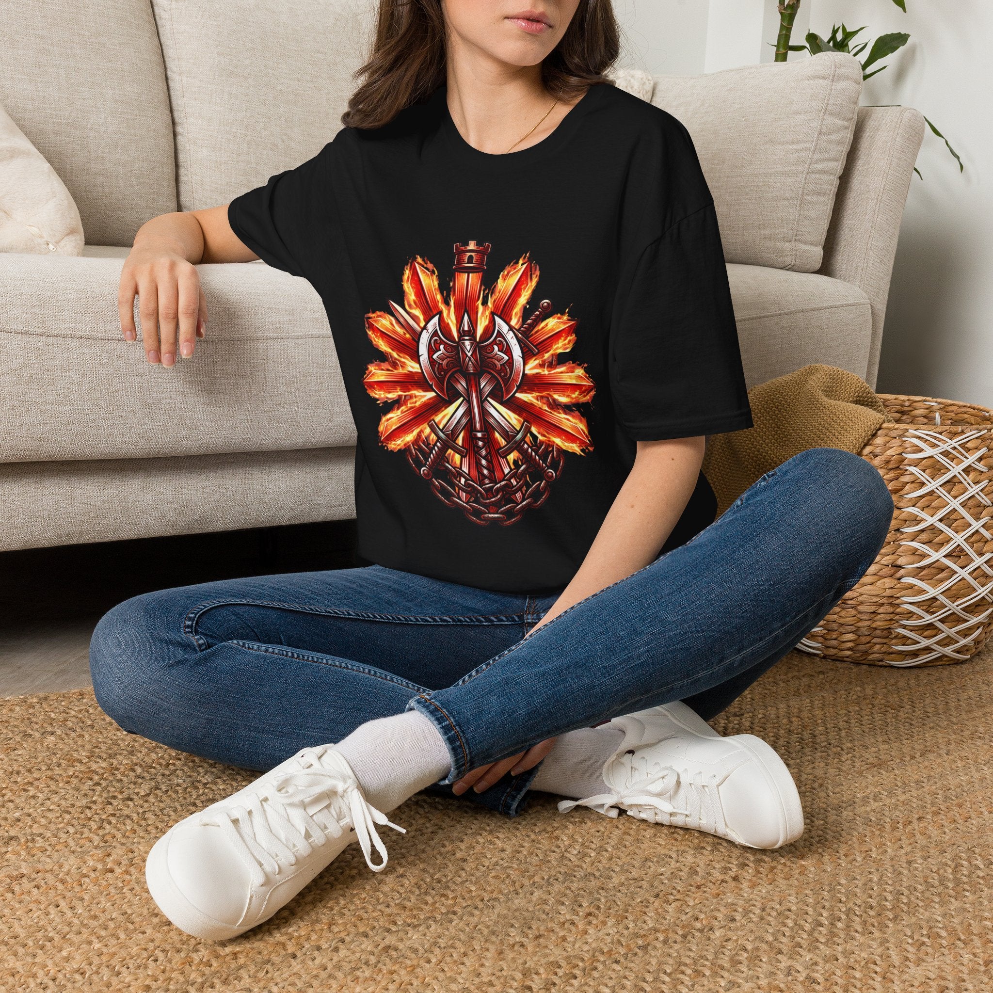 Viking Shield & Axe T-Shirt — Flaming Norse Warrior Emblem Tee