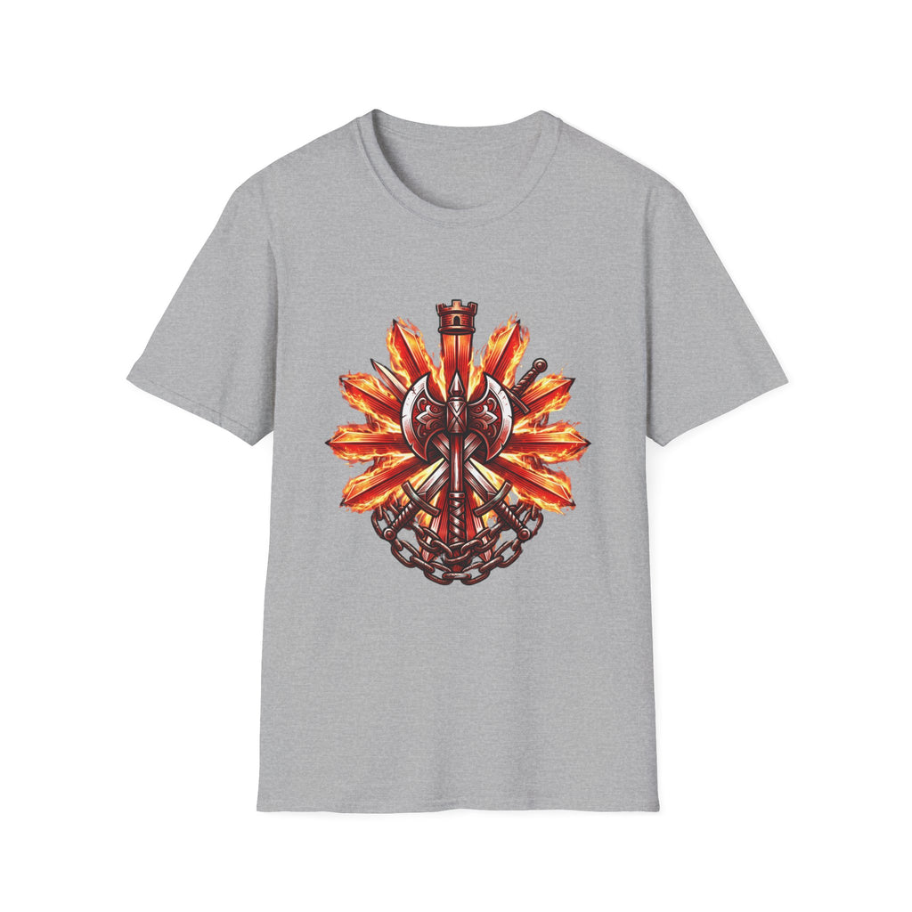 Viking Shield & Axe T-Shirt — Flaming Norse Warrior Emblem Tee