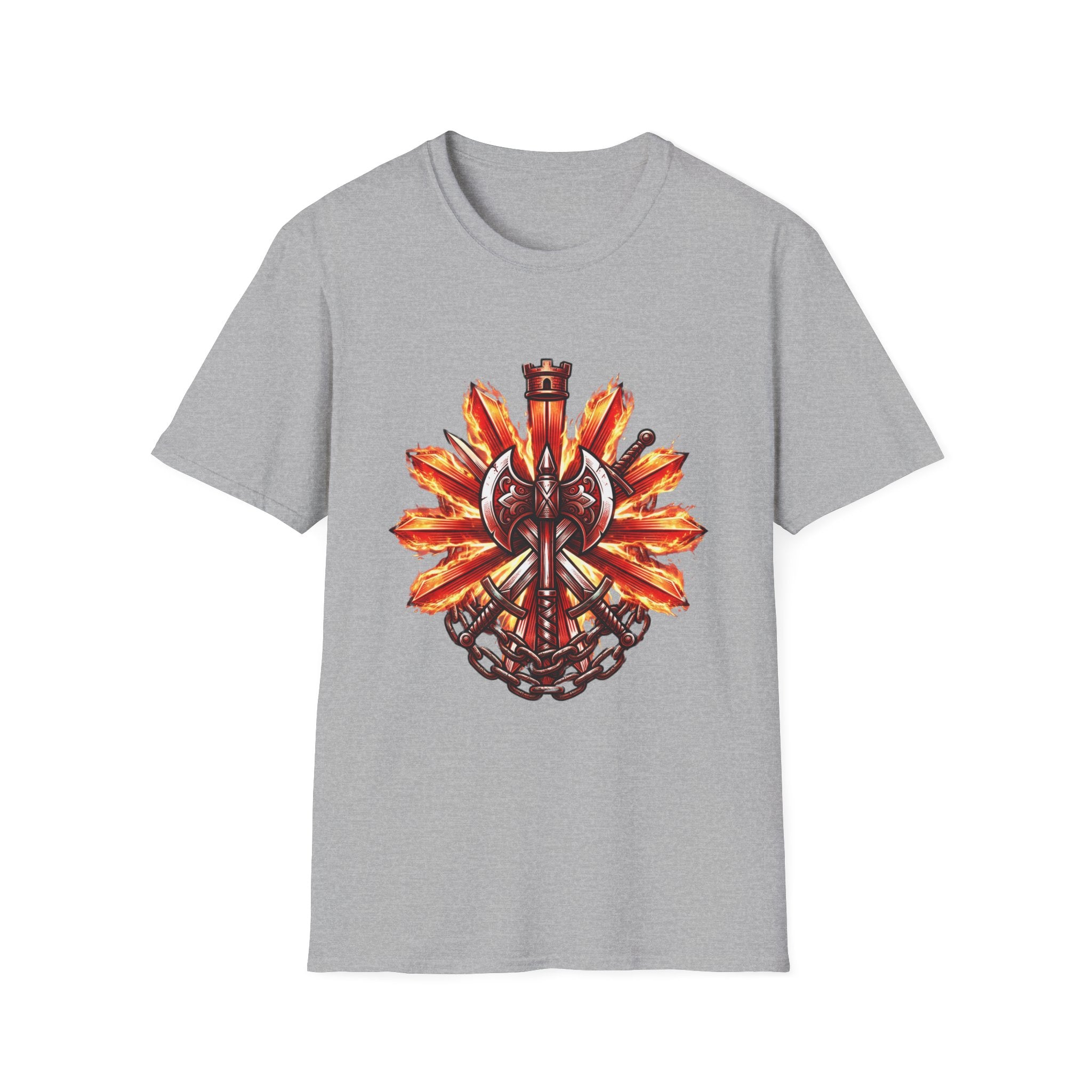 Viking Shield & Axe T-Shirt — Flaming Norse Warrior Emblem Tee