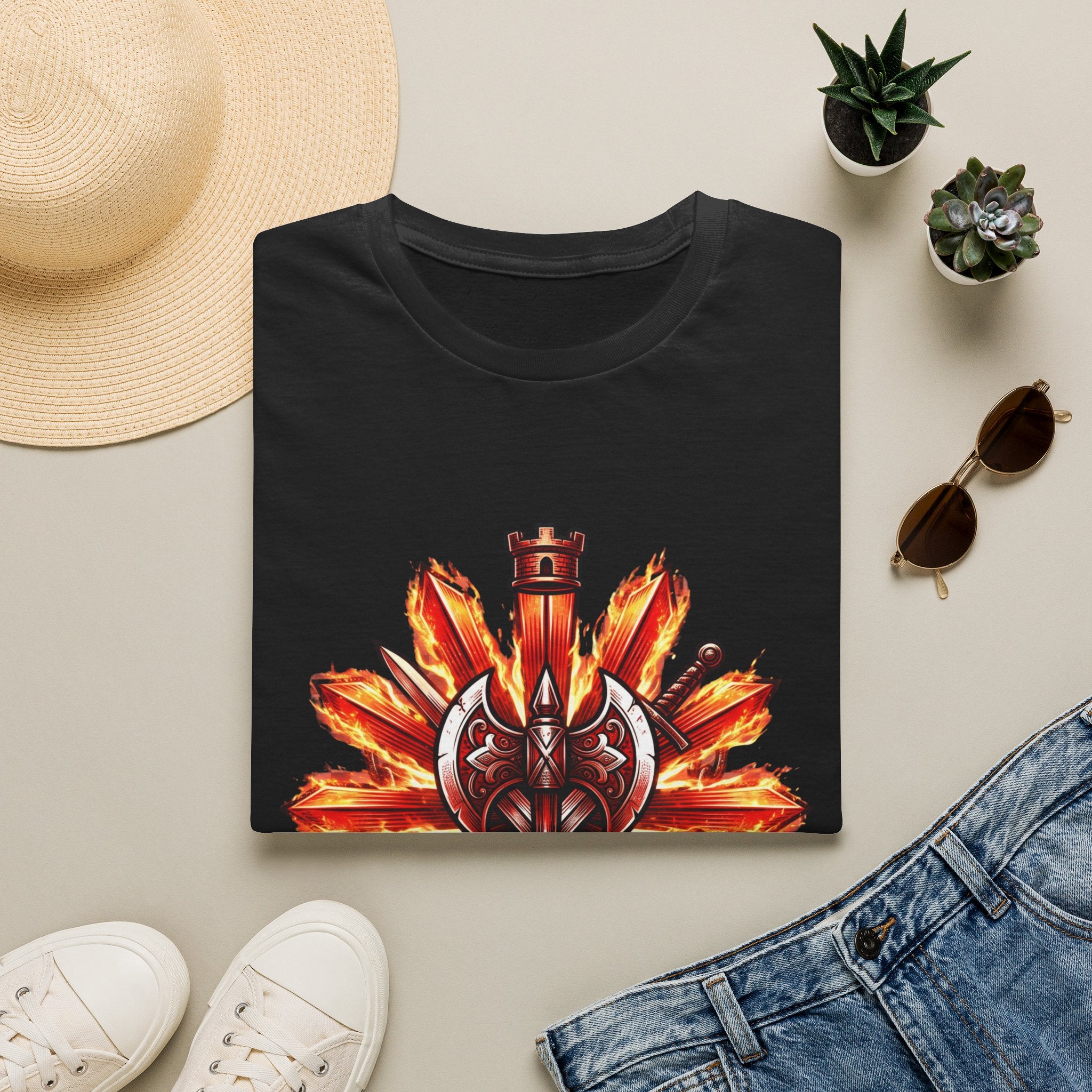 Viking Shield & Axe T-Shirt — Flaming Norse Warrior Emblem Tee