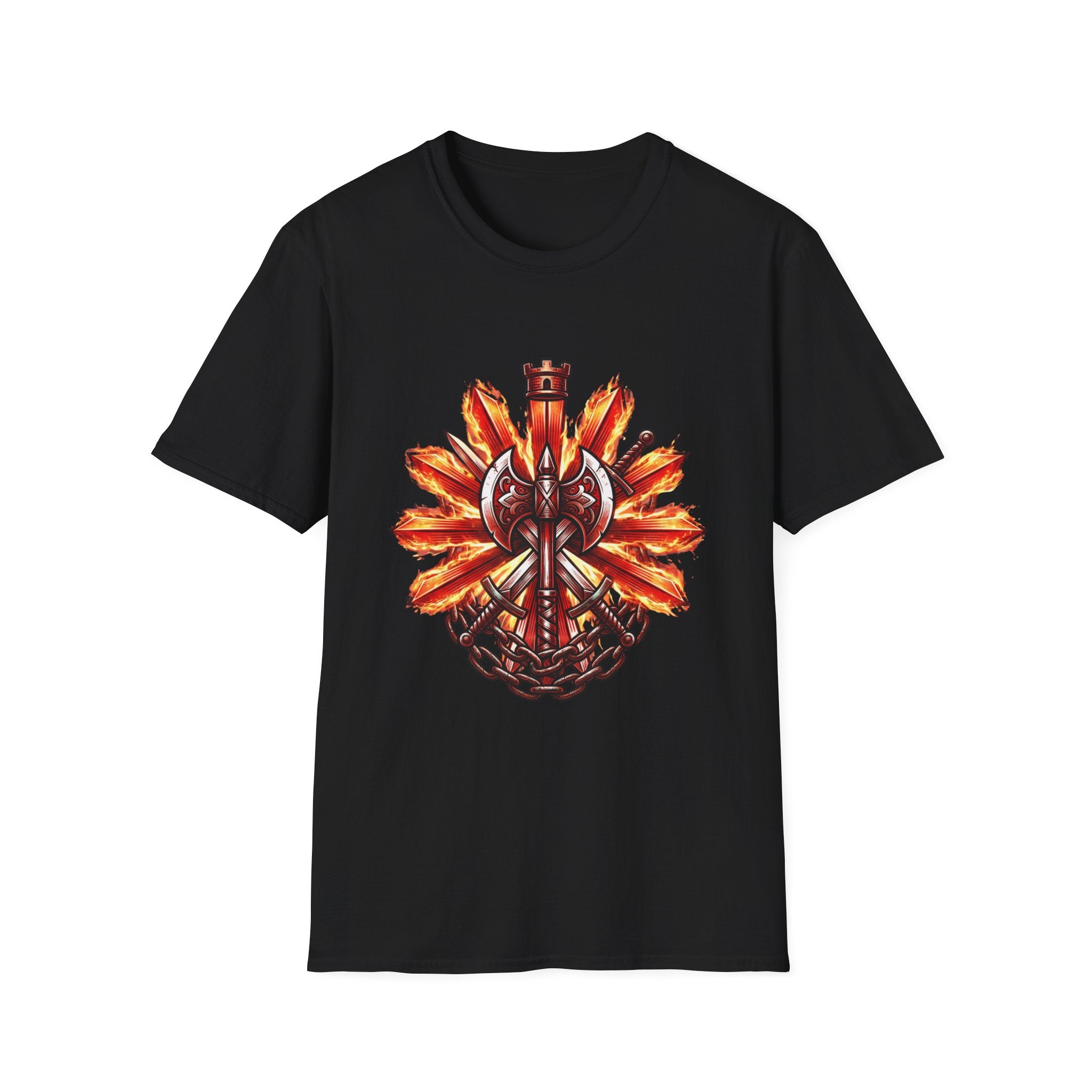 Viking Shield & Axe T-Shirt — Flaming Norse Warrior Emblem Tee