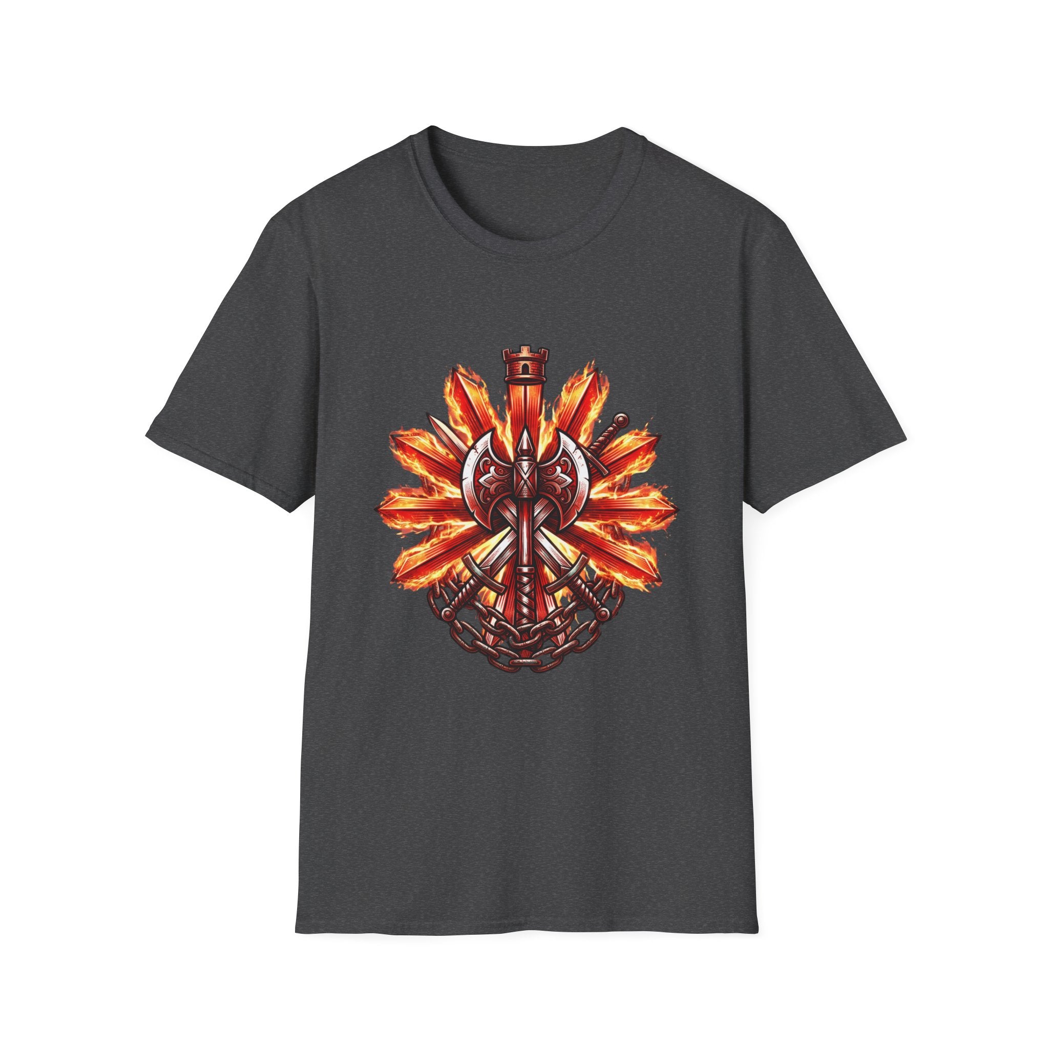 Viking Shield & Axe T-Shirt — Flaming Norse Warrior Emblem Tee