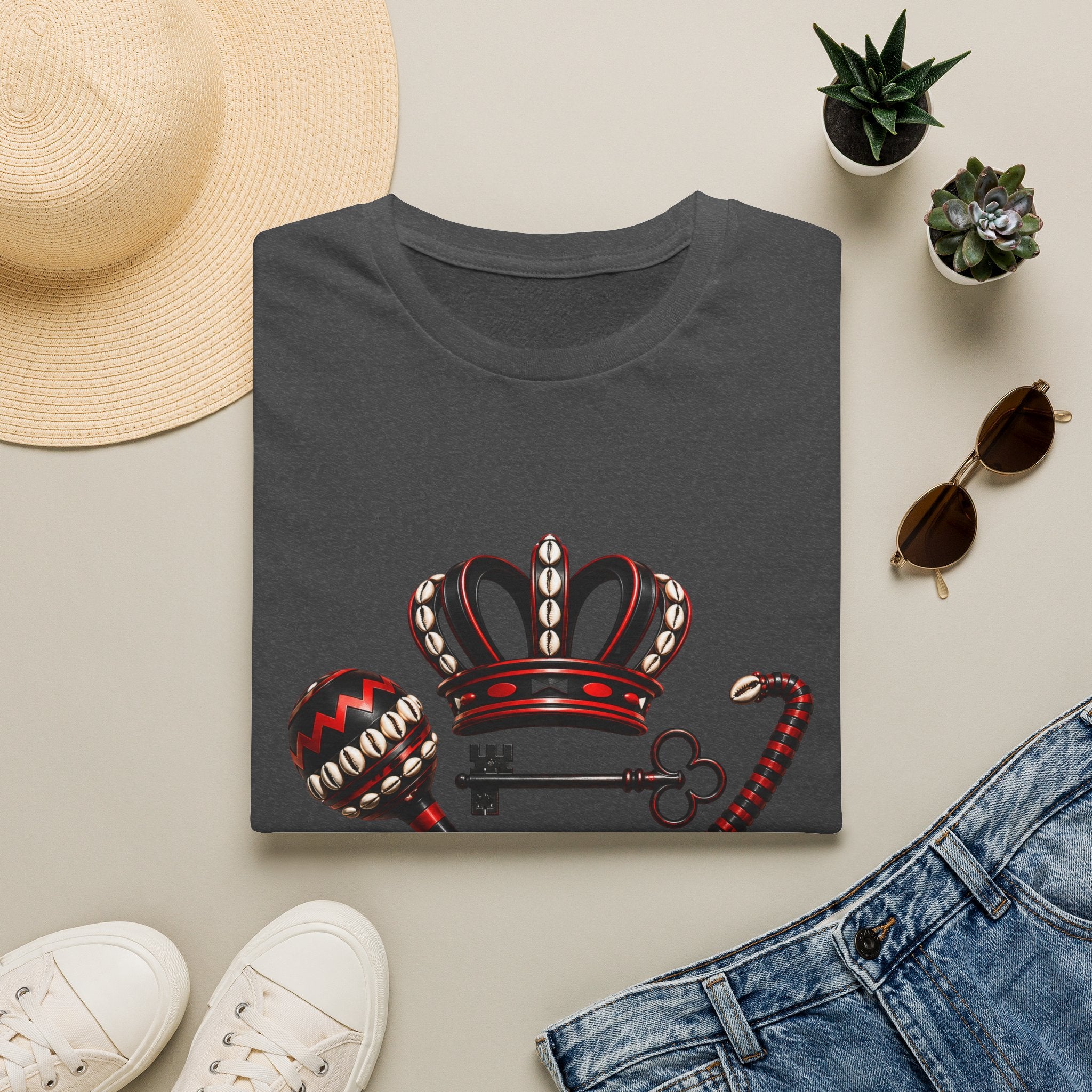 Eshu Eleggua Crown, Maraca & Key T-Shirt | Afro-Caribbean Orisha Design